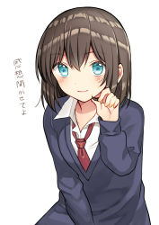 Rule 34 | 1girl, bad id, bad pixiv id, blue eyes, blue sweater, blush, brown hair, collared shirt, commentary request, fingernails, hair between eyes, kurata rine, long hair, long sleeves, original, playing with own hair, revision, school uniform, shirt, simple background, sleeves past wrists, solo, sweater, translation request, white background, white shirt