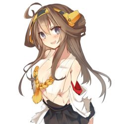 Rule 34 | 10s, 1girl, ahoge, bad id, bad twitter id, blue eyes, blush, brown hair, fumatake, hairband, kantai collection, kongou (kancolle), long hair, nontraditional miko, open mouth, simple background, smile, solo, torn clothes, white background