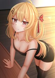 Rule 34 | 1girl, :t, ahoge, arm support, ass, bare arms, bare shoulders, beamed eighth notes, bike shorts, black camisole, black shorts, black thighhighs, blonde hair, blush, bow, breasts, camisole, cleavage, closed mouth, collarbone, commentary, eighth note, fortissimo, hair between eyes, hair bow, hair ornament, highres, hololive, hololive dev is, indoors, kazenokaze, leaning forward, long hair, looking at viewer, medium breasts, musical note, musical note hair ornament, one side up, otonose kanade, red bow, red eyes, shorts, skindentation, solo, strap slip, thighhighs, v-shaped eyebrows, very long hair, virtual youtuber, wavy mouth, wooden floor