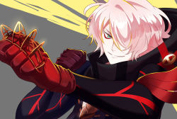 Rule 34 | 1boy, absurdres, bad id, bad twitter id, bishounen, black coat, brass knuckles, coat, colored skin, eyeshadow, fate/grand order, fate (series), fighting stance, gloves, green eyes, hair over one eye, highres, hood, karna (fate), karna (santa) (fate), makeup, male focus, pink hair, puopuopopo, red gloves, short hair, smile, solo, tsurime, upper body, weapon, white skin