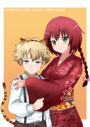 Rule 34 | 1boy, 1girl, age difference, animal ears, blonde hair, braid, closed mouth, darker than black, greave (asterism), green eyes, japanese clothes, july (darker than black), kimono, long hair, looking at viewer, new year, red hair, single braid, smile, suou pavlichenko, tail, teenage girl and younger boy