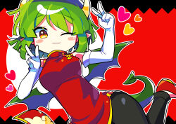 Rule 34 | 1girl, :3, absurdres, black pants, blush, breasts, brown eyes, china dress, chinese clothes, closed mouth, double v, draco centauros, dragon girl, dragon horns, dragon tail, dragon wings, dress, elbow gloves, gloves, green hair, heart, highres, horns, large breasts, looking at viewer, offbeat, pants, puyopuyo, red dress, smile, solo, tail, v, white gloves, wings