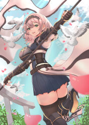 Rule 34 | 1girl, armor, bird, breasts, chest guard, dove, flag, green eyes, grey hair, high heels, highres, holding, holding flag, hololive, large breasts, looking at viewer, open mouth, oursong (kiam pis), outdoors, shirogane noel, shirogane noel (1st costume), short hair, shoulder armor, skirt, smile, solo, thighhighs, virtual youtuber, wavy hair, zettai ryouiki