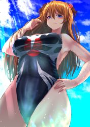 Rule 34 | 1girl, adapted costume, alternate breast size, artist request, bare legs, bare shoulders, black one-piece swimsuit, blue eyes, blue sky, blush, breasts, brown hair, competition swimsuit, covered navel, curvy, hand in own hair, hand on own hip, highres, interface headset, large breasts, long hair, looking at viewer, multicolored clothes, multicolored swimsuit, neon genesis evangelion, one-piece swimsuit, sachiel (evangelion), shiny skin, simple background, sky, solo, souryuu asuka langley, standing, swimsuit, tsundere, two side up, upper body, very long hair