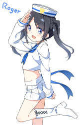Rule 34 | :d, black hair, blue eyes, blue neckerchief, blue ribbon, blush, boots, commentary request, crop top, cross-laced footwear, english text, from side, hat, hatsunatsu, head tilt, high heel boots, high heels, knee boots, lace-up boots, long sleeves, looking at viewer, looking to the side, midriff, miniskirt, neckerchief, open mouth, original, parted bangs, pleated skirt, ribbon, sailor, sailor hat, salute, shirt, simple background, skirt, sleeves past wrists, smile, solo, standing, standing on one leg, twintails, white background, white footwear, white hat, white shirt, white skirt