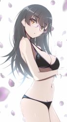 Rule 34 | 1girl, bespectacled, black hair, breasts, brown eyes, cleavage, commentary request, cowboy shot, glasses, hayashio (kancolle), highres, honma (honmatomohiro), kantai collection, long hair, looking at viewer, medium breasts, navel, petals, solo, underwear, underwear only
