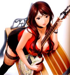 Rule 34 | 1girl, ahoge, animification, bench, between breasts, black thighhighs, breasts, brown eyes, brown hair, choker, cleavage, fishnet thighhighs, fishnets, garter straps, guitar, highres, instrument, jewelry, kneeling, large breasts, leaning forward, lips, long hair, necklace, real life, sano toshihide, skirt, solo, takizawa nonami, tank top, thighhighs, zettai ryouiki