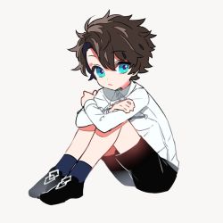 Rule 34 | 1boy, adapted costume, aged down, black footwear, black shorts, blue eyes, blue socks, brown hair, child, closed mouth, collared shirt, fate/grand order, fate (series), from side, fujimaru ritsuka (male), full body, grey background, hugging own legs, legs together, long sleeves, looking at viewer, male focus, shirt, shoes, shorts, simple background, sitting, socks, solo, tenobe, white shirt