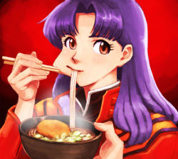 Rule 34 | 1girl, bad id, bad pixiv id, bowl, chopsticks, eating, food, hands up, holding, holding bowl, jacket, katsuragi misato, lafolie, long hair, long sleeves, looking at viewer, neck, neon genesis evangelion, noodles, parted bangs, purple hair, ramen, red background, red eyes, red jacket, solo, straight hair, upper body