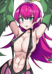 Rule 34 | 1girl, armpits, arms up, blush, breasts, claws, commentary request, duel monster, feathered wings, feathers, green eyes, green feathers, green wings, harpie lady, harpy, highres, large breasts, long hair, monster girl, navel, pink hair, pointy ears, simple background, solo, sumida kichi, tongue, tongue out, white background, winged arms, wings, yu-gi-oh!