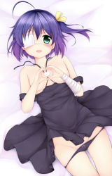 Rule 34 | 10s, 1girl, :d, absurdres, ahoge, aqua eyes, bandaged arm, bandages, bare shoulders, bed sheet, black dress, black panties, blue hair, blush, bow, bow panties, breasts, censored, chiyami, chuunibyou demo koi ga shitai!, clothes pull, collarbone, convenient censoring, covering privates, covering breasts, dress, dress pull, eyebrows, eyepatch, from above, green eyes, groin, hair ribbon, hand gesture, head tilt, heart, heart hands, highres, lace, lace-trimmed panties, lace trim, looking at viewer, lying, moe moe kyun!, no bra, on back, one eye covered, open mouth, panties, panty pull, purple hair, ribbon, round teeth, short hair, side ponytail, small breasts, smile, solo, spaghetti strap, takanashi rikka, teeth, thigh gap, underwear, untied