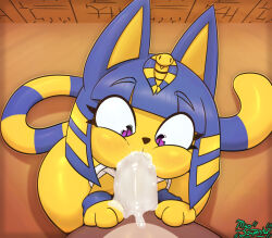 Rule 34 | 1boy, 1girl, absurdres, animal, animal crossing, animal ears, ankha (animal crossing), bowl cut, cat, cat ears, cat girl, cheek bulge, colored skin, cum, cum in mouth, cumdrip, deep penetration, deepthroat, egyptian, ejaculation, erection, fellatio, furry, highres, looking at penis, looking at viewer, miso souperstar, nintendo, oral, orgasm, penis, pov, purple eyes, standing, tail, wide-eyed, yellow skin