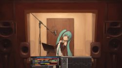 Rule 34 | 1girl, absurdres, aqua eyes, aqua hair, aqua necktie, bare shoulders, black sleeves, blouse, closed mouth, commentary, computer, detached sleeves, english commentary, hair ornament, hand up, hatsune miku, head tilt, headphones, highres, indoors, instrument, keyboard (instrument), laptop, leaning back, long hair, looking at viewer, microphone, monitor, music stand, necktie, piapro, recording studio, reflection, shirt, shoulder tattoo, sleeveless, sleeveless shirt, smile, solo, speaker, tattoo, turu, twintails, upper body, v, very long hair, vocaloid, white shirt, window