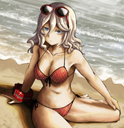 Rule 34 | 10s, 1girl, alisa ilinichina amiella, arm support, bad id, bad pixiv id, beach, belko, bikini, blue eyes, breasts, cleavage, collarbone, cuffs, eyewear on head, face, front-tie bikini top, front-tie top, frown, glasses, god eater, god eater burst, hair between eyes, large breasts, long hair, navel, outdoors, plaid, plaid bikini, red bikini, sand, side-tie bikini bottom, silver hair, sitting, solo, sunglasses, swimsuit, water, wavy hair