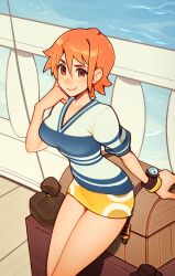 Rule 34 | 1girl, arm support, blush, breasts, brown eyes, closed mouth, collarbone, highres, large breasts, looking at viewer, nami (one piece), one piece, orange hair, oxcoxa, short hair, short sleeves, sitting, smile, solo, treasure chest
