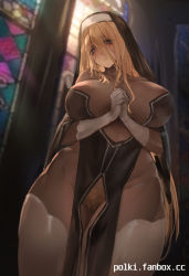 Rule 34 | 1girl, blonde hair, blue eyes, breasts, church, female pubic hair, gloves, highres, indoors, large breasts, long hair, looking at viewer, nun, original, own hands together, paid reward available, polki, pubic hair, see-through, stained glass, standing, thighhighs, thighs, very long hair, white gloves