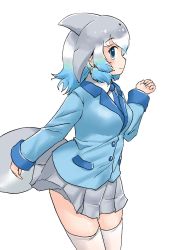 Rule 34 | 1girl, alternate costume, blouse, blowhole, blue eyes, blue hair, blue jacket, blue necktie, blush, cetacean tail, collared shirt, commentary request, common bottlenose dolphin (kemono friends), cowboy shot, dolphin girl, dorsal fin, fins, fish tail, grey hair, grey skirt, highres, jacket, kemono friends, long sleeves, looking at viewer, multicolored hair, necktie, pleated skirt, shirt, short hair, skirt, smile, solo, tail, thighhighs, uf34a, white hair, white shirt, white thighhighs, zettai ryouiki