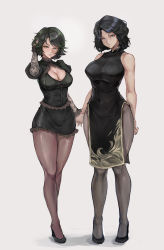 Rule 34 | 2girls, absurdres, bad hands, black dress, black footwear, black hair, black pantyhose, black shirt, black skirt, blue eyes, breasts, china dress, chinese clothes, cleavage, cleavage cutout, closed mouth, clothing cutout, commentary, covered navel, dress, english commentary, frills, full body, green eyes, hand in own hair, high heels, highres, holding hands, large breasts, long sleeves, looking at viewer, medium hair, multiple girls, original, pantyhose, parted bangs, parted lips, puffy long sleeves, puffy sleeves, shirt, side slit, skirt, sleeveless, sleeveless dress, smile, standing, swept bangs, tezy8art, white background