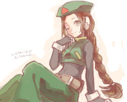 Rule 34 | 1girl, ;d, android, arm support, belt, beret, bodysuit, bracer, braid, braided ponytail, breasts, brown hair, capcom, covered navel, crop top, fingerless gloves, freckles, from side, gloves, green eyes, green hat, grey eyes, hand on own chin, hat, light smile, long hair, looking at viewer, mega man (series), mega man zero (series), military, military uniform, nemu (isaya), one eye closed, open mouth, outline, pants, robot ears, scrunchie, simple background, single braid, sitting, sketch, small breasts, smile, solo, stroking own chin, turtleneck, uniform, unnamed female soldier, very long hair, vest, white background, wink