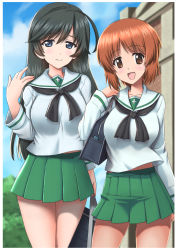 Rule 34 | 2girls, :d, ahoge, bag, black eyes, black hair, black neckerchief, blouse, blue sky, blurry, blurry background, brown eyes, brown hair, building, carrying, closed mouth, cloud, cloudy sky, commentary request, day, depth of field, girls und panzer, green skirt, holding, holding bag, isuzu hana, long hair, long sleeves, looking at viewer, miniskirt, multiple girls, neckerchief, nishizumi miho, ooarai school uniform, open mouth, outdoors, outline, pleated skirt, school bag, school uniform, serafuku, shirt, short hair, skirt, sky, smile, standing, t k, white outline, white shirt