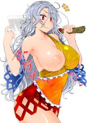 Rule 34 | &gt;:o, 1girl, :o, armpits, bare shoulders, blush, breasts, cleavage, closed mouth, covered erect nipples, covered navel, cowboy shot, detached sleeves, dress, fang, fang out, frown, hatchet, highres, large areolae, large breasts, long hair, motion blur, multicolored clothes, multicolored dress, nata (tool), nipples, no bra, one breast out, red eyes, roki (hirokix), sakata nemuno, sharp teeth, silver hair, simple background, single strap, solo, speech bubble, sweat, teeth, touhou, translation request, v-shaped eyebrows, very long hair, wavy hair, white background
