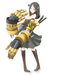 Rule 34 | 1girl, bare shoulders, blue eyes, boots, brown hair, dress, golem, highres, long hair, mecha musume, mechanical arms, monster girl, object through head, original, patch, screw in head, single mechanical arm, smile, solo, stitched face, stitches, tansuke, thighhighs, white background