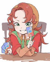 Rule 34 | 1girl, absurdres, blush, brown hair, card, chair, commentary request, dragon quest, dragon quest vii, green eyes, green tunic, grin, hand up, head scarf, highres, holding, holding card, layered sleeves, long hair, long sleeves, looking at viewer, maribel (dq7), messy hair, short over long sleeves, short sleeves, sitting, sleeveless, slime (dragon quest), smile, solo, square enix, tsurime, tunic, upper body, very long hair, white background, wide sleeves, yamamoto souichirou