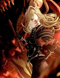 Rule 34 | 1girl, absurdres, armor, black armor, black horns, black pants, blonde hair, cape, dragon horns, facial mark, fate/grand order, fate (series), flaming sword, flaming weapon, fur-trimmed cape, fur trim, hand on own hip, highres, horns, long hair, looking away, nero claudius (fate), nero claudius (fate) (all), pants, pointy ears, queen draco (fate), queen draco (third ascension) (fate), red cape, red eyes, shoulder plates, smile, solo, yagi (yagi5art)