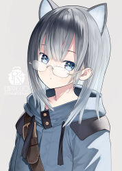 Rule 34 | 1girl, animal ears, blue eyes, blue jacket, capriccio, cat ears, closed mouth, commentary request, drawstring, glasses, grey background, grey hair, hair between eyes, jacket, long hair, looking at viewer, original, simple background, solo, upper body
