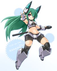 Rule 34 | 1girl, armored boots, bike shorts, black thighhighs, boots, borrowed character, character name, fingerless gloves, full body, gloves, green hair, halterneck, highres, karukan (monjya), long hair, looking at viewer, menou kaname (taishi), midriff, original, purple eyes, solo, thighhighs, wand, white background