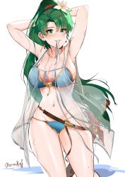 Rule 34 | 1girl, :d, adapted costume, armpits, arms behind head, bikini, blue bikini, blush, breasts, cleavage, collarbone, cosplay, cowboy shot, crossed arms, earrings, fire emblem, fire emblem: the blazing blade, flower, granblue fantasy, green eyes, green hair, grin, hair flower, hair ornament, high ponytail, highres, jeanne d&#039;arc (granblue fantasy), jeanne d&#039;arc (granblue fantasy) (cosplay), jewelry, large breasts, long hair, looking at viewer, lyn (fire emblem), mouth hold, navel, nintendo, open mouth, ormille, ribbon, see-through, sheath, sheathed, simple background, skin tight, smile, solo, standing, stomach, string bikini, swimsuit, sword, teeth, thighs, tsurime, twitter username, very long hair, water, water drop, weapon, wet, wet hair, white background, white ribbon