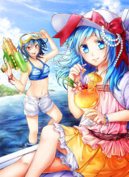 Rule 34 | 2girls, bad id, bad pixiv id, bangle, bikini, blue eyes, blue hair, blush, bow, bracelet, cherry, cocktail umbrella, diving mask, drinking straw, flower, food, fruit, glass, goggles, goggles on head, hat, hat bow, hat ribbon, holding, jewelry, long hair, looking at viewer, makina (frog), multiple girls, navel, original, ribbon, shorts, sitting, skirt, sparkle, striped bikini, striped clothes, swimsuit, water, water gun