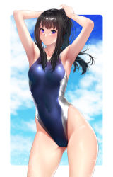 Rule 34 | 1girl, armpits, arms behind head, arms up, bare shoulders, black hair, blue one-piece swimsuit, blue sky, blush, breasts, collarbone, competition swimsuit, covered navel, highleg, highleg swimsuit, highres, long hair, looking at viewer, medium breasts, one-piece swimsuit, original, ponytail, purple eyes, sidelocks, sky, solo, swimsuit, thighs, zucchini