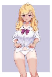 Rule 34 | 1girl, ahoge, blonde hair, blush, bow, bow panties, bowtie, bracelet, breasts, cleavage, clothes lift, collarbone, earrings, gluteal fold, half-closed eyes, highres, jacket, jewelry, knees, large breasts, long hair, long sleeves, looking at viewer, mm (mm chair), nijisanji, open mouth, panties, purple bow, purple eyes, seductive smile, shirt, shirt lift, simple background, sleeves rolled up, smile, solo, standing, swept bangs, takamiya rion, takamiya rion (7th costume), tan, tanline, underwear, virtual youtuber, wavy hair, white jacket, white panties