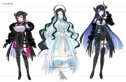 Rule 34 | 3girls, absurdres, aradia ravencroft, asymmetrical horns, black coat, black dress, black gloves, black hair, black neckerchief, blue hair, breasts, character sheet, chest strap, choppy bangs, coat, cropped legs, double-parted bangs, dress, feathers, full body, gloves, highres, hololive, hololive english, horns, jailbird (nerissa ravencroft), large breasts, long hair, looking at viewer, malpha ravencroft, medium breasts, mole, mole under eye, mole under mouth, multicolored hair, multiple girls, neckerchief, nerissa ravencroft, nerissa ravencroft (1st costume), partially fingerless gloves, pelvic curtain, pink background, pink hair, pink nails, red eyes, shadow (nerissa ravencroft), siblings, sidelocks, single thighhigh, sisters, sketch, slit pupils, standing, thigh strap, thighhighs, two-tone hair, uneven horns, very long hair, virtual youtuber, waist cape, yomosaka