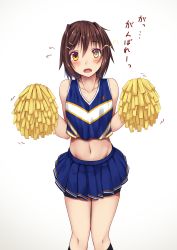 Rule 34 | 1girl, black legwear, blue skirt, blush, breasts, brown hair, cheerleader, furutaka (kancolle), glowing, gradient background, hair between eyes, hair ornament, hairclip, highres, kantai collection, looking at viewer, miniskirt, noronosuke, open mouth, pom pom (cheerleading), shirt, short hair, skirt, small breasts, solo, translation request, yellow eyes