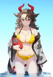 Rule 34 | 1girl, animal ears, animal print, bikini, black hair, breasts, chamaruk, commentary request, cow ears, cow girl, cow horns, cow print, cow tail, grey hair, haori, highres, holding, horns, japanese clothes, large breasts, looking at viewer, medium hair, multicolored hair, navel, partially submerged, red eyes, red horns, red tail, solo, split-color hair, statue, swimsuit, tail, touhou, two-tone hair, ushizaki urumi, water, yellow bikini