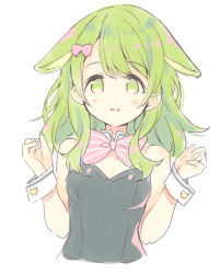 Rule 34 | 1girl, animal ears, bare shoulders, black leotard, blush, bow, breasts, collar, cropped torso, detached collar, dress, female focus, green eyes, green hair, hair bow, hands up, leotard, long hair, looking at viewer, matching hair/eyes, meito (maze), morinaka kazaki, nijisanji, parted lips, pink bow, playboy bunny, rabbit ears, simple background, small breasts, smile, solo, strapless, strapless dress, striped, striped bow, upper body, v arms, virtual youtuber, white background, white collar, wrist cuffs