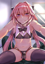 Rule 34 | 2boys, astolfo (fate), backlighting, bare shoulders, black legwear, blush, bow, bowtie, buckle, bulge, crop top, crotch zipper, erection, erection under clothes, fang, fate/grand order, fate (series), frown, groin, hair between eyes, indoors, looking at viewer, lying, male focus, multiple boys, nakajima kotoko, navel, on back, on bed, outstretched arms, pants, pink hair, pov, purple eyes, reaching, reaching towards viewer, shiny clothes, skin fang, skindentation, sleeveless, solo focus, spread legs, straddling, testicles, thighhighs, wavy mouth, window, yaoi, zipper