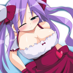 Rule 34 | 00s, 1girl, alternate breast size, blue eyes, blush, breasts, cleavage, cosplay, hiiragi kagami, large breasts, long hair, lucky star, one eye closed, purple hair, solo, tsurime, twintails, wink