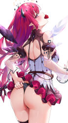 1girl ass bare_shoulders blush breasts bu_leike detached_sleeves dress flower from_behind hololive irys_(hololive) large_breasts long_hair looking_at_viewer looking_back mouth_hold purple_eyes red_flower red_hair red_rose rose sideboob single_thighhigh skirt solo thighhighs thong underwear very_long_hair virtual_youtuber wedgie wings