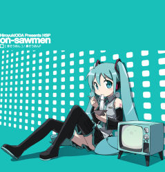 Rule 34 | 1girl, album cover, black thighhighs, cover, eating, food, hatsune miku, kanzaki hiro, legs, long hair, noodles, skirt, solo, television, thighhighs, twintails, very long hair, vocaloid