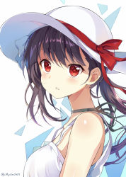 Rule 34 | 1girl, blush, breasts, dress, from side, hat, hat ribbon, looking at viewer, medium breasts, myuton, neck ribbon, original, ponytail, purple hair, red eyes, red ribbon, ribbon, solo, sun hat, sundress, triangle mouth, twitter username, upper body, white dress, white hat