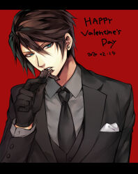 Rule 34 | 1boy, alternate costume, black gloves, black jacket, black necktie, black shirt, black suit, blue eyes, brown hair, chocolate, collared shirt, commentary, dated, dress shirt, earrings, eating, english text, final fantasy, final fantasy viii, food, formal, gloves, hand up, handkerchief, holding, holding chocolate, holding food, jacket, jewelry, looking at viewer, male focus, necktie, parted lips, pocket square, red background, scar, scar on face, scar on forehead, shirt, short hair, simple background, solo, squall leonhart, stud earrings, suit, tama (tmfy5), upper body, valentine