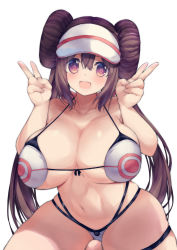 Rule 34 | 1girl, :d, alternate breast size, bikini, blush, breasts, brown hair, collarbone, commentary request, creatures (company), double bun, double v, game freak, hair bun, hands up, highres, huge breasts, long hair, looking at viewer, navel, nintendo, open mouth, pokemon, pokemon bw2, purple eyes, rosa (pokemon), shiroie mika, simple background, smile, solo, sweatdrop, swimsuit, twintails, v, visor cap, white background, white bikini