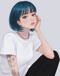 Rule 34 | 1girl, arm tattoo, blue hair, brown eyes, ear piercing, earrings, grey background, head rest, highres, jewelry, lips, looking at viewer, necklace, original, piercing, ring, shirt, short hair, sitting, solo, t-shirt, tattoo, umigraphics