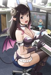 1girl, arm garter, ass, bare shoulders, black choker, black eyes, black footwear, black gloves, black hair, black panties, boots, breasts, choker, cleavage, crop top, curled horns, demon girl, demon horns, demon tail, demon wings, detached collar, figure, frills, gloves, grey legwear, hair ornament, hairclip, highres, horns, icchiramen, id card, keyboard (computer), knee boots, large breasts, long hair, looking at viewer, monitor, open mouth, original, panties, pointy ears, revealing clothes, sidelocks, sitting, sleeveless, solo, strapless, sweatdrop, tail, thighhighs, thighs, twisted torso, underwear, wings
