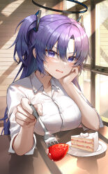 Rule 34 | 1girl, absurdres, blue archive, blush, breasts, buttons, cake, cake slice, collared shirt, food, fork, fruit, hair between eyes, halo, highres, holding, holding fork, large breasts, long hair, looking at viewer, mechanical halo, momyong, open mouth, purple eyes, purple hair, shirt, solo, strawberry, two side up, upper body, white shirt, yuuka (blue archive)
