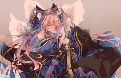 Rule 34 | 1girl, animal ears, artist request, bell, breasts, brown background, cleavage, commentary, commentary request, fate/grand order, fate (series), fox ears, fox tail, hair between eyes, highres, japanese clothes, kimono, layered clothes, layered kimono, long hair, official alternate costume, pink hair, solo, tagme, tail, tamamo (fate), tamamo no mae (third ascension) (fate)