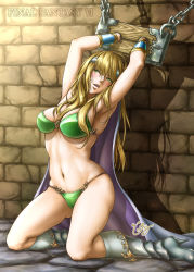 Rule 34 | 1990s (style), 1girl, adapted costume, armor, armpits, arms up, bad id, bad pixiv id, bdsm, bikini armor, blonde hair, bondage, boots, bound, bracer, breasts, cape, celes chere, chain, cleavage, copyright name, dungeon, final fantasy, final fantasy vi, green eyes, headband, high heel boots, high heels, highres, knee boots, kneeling, large breasts, long hair, navel, open mouth, restrained, rioreo, solo, stocks